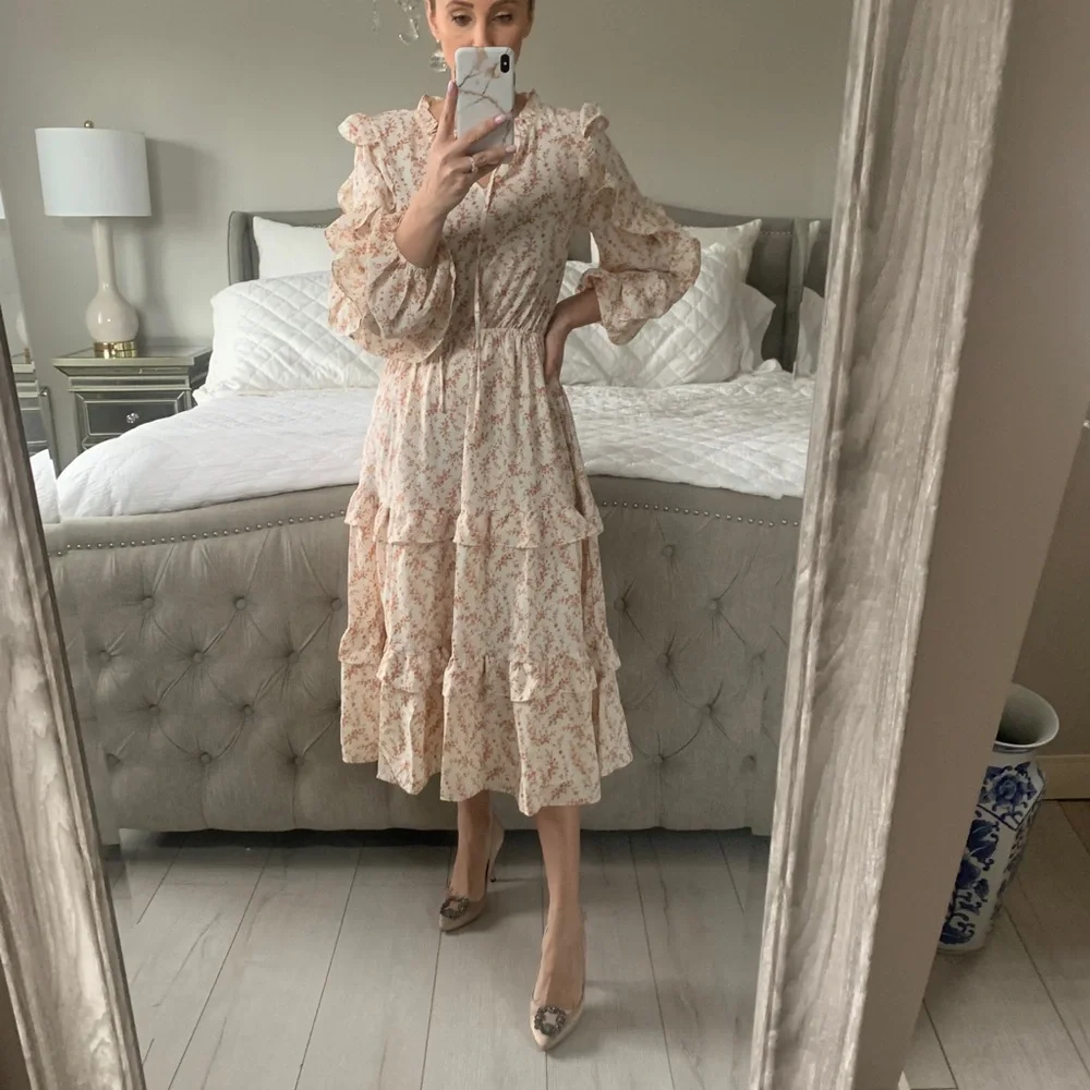 Shop Red Dress Aura Floral Ruffle Midi Dress - Picture 2 of 13